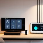 **A modern smart home filled with connected devices:** Focus on showcasing the integration of electronics and ICT in a typical Swedish home setting. Include elements like smart lighting, a smart thermostat, and perhaps a visual representation of data being collected and analyzed.