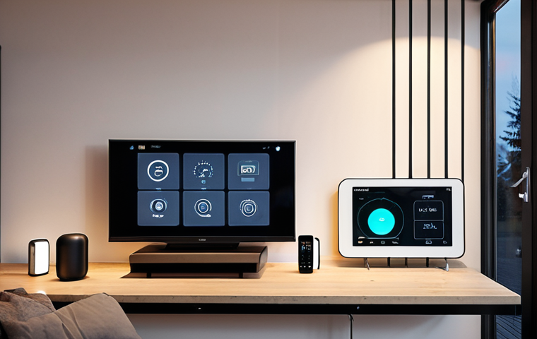 **A modern smart home filled with connected devices:** Focus on showcasing the integration of electronics and ICT in a typical Swedish home setting. Include elements like smart lighting, a smart thermostat, and perhaps a visual representation of data being collected and analyzed.