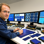 Futuristic Power Electronics Lab**

Prompt: "Sleek, modern electronics lab. Focus on advanced power electronics components: SiC and GaN transistors, integrated circuits, and smart grid technology. Include solar panels and wind turbines in the background, symbolizing renewable energy integration. A technician is working with AI-powered design software on a large display.  Clean, bright, and high-tech. Emphasize efficiency and sustainability."

**
