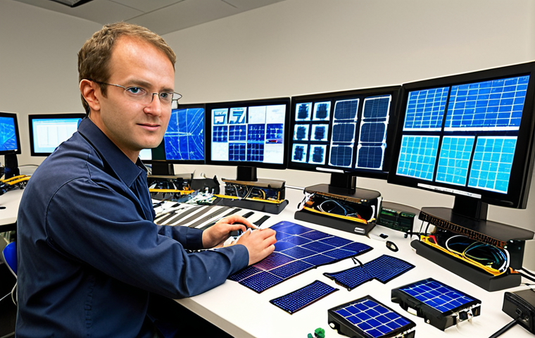 Futuristic Power Electronics Lab**

Prompt: "Sleek, modern electronics lab. Focus on advanced power electronics components: SiC and GaN transistors, integrated circuits, and smart grid technology. Include solar panels and wind turbines in the background, symbolizing renewable energy integration. A technician is working with AI-powered design software on a large display.  Clean, bright, and high-tech. Emphasize efficiency and sustainability."

**