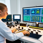 **A brightly lit, modern laboratory in Sweden. Focus on engineers working on a circuit board with miniature electronic components. In the background, show a computer screen displaying SPICE simulation software. The overall atmosphere should convey innovation and technological advancement.**