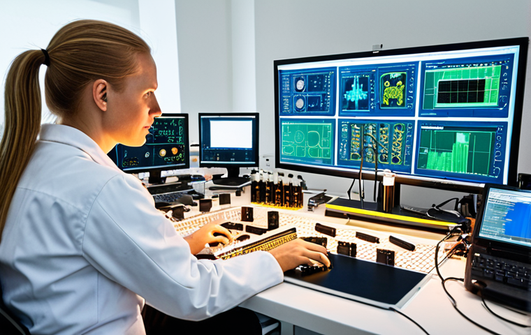**A brightly lit, modern laboratory in Sweden. Focus on engineers working on a circuit board with miniature electronic components. In the background, show a computer screen displaying SPICE simulation software. The overall atmosphere should convey innovation and technological advancement.**