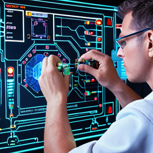 **A futuristic electronics specialist surrounded by holographic circuit diagrams and data streams, diagnosing a complex medical device with precision tools. Focus on vibrant colors and sharp details, showcasing innovation and problem-solving.**