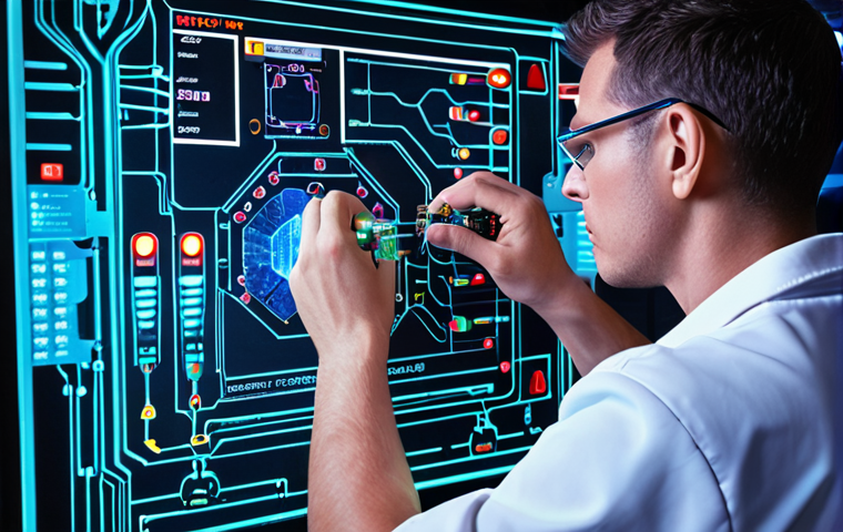 **A futuristic electronics specialist surrounded by holographic circuit diagrams and data streams, diagnosing a complex medical device with precision tools. Focus on vibrant colors and sharp details, showcasing innovation and problem-solving.**