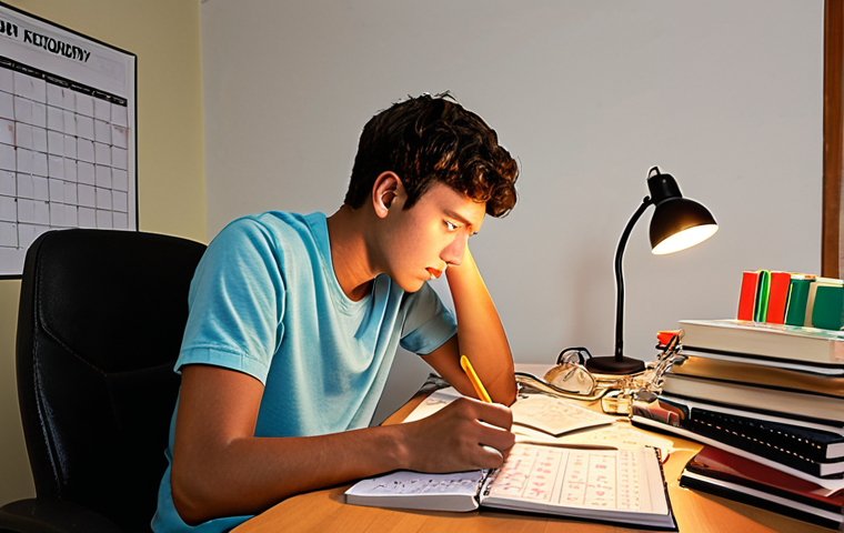 **Image Prompt:** A student hunched over a desk covered in textbooks and flashcards, illuminated by a desk lamp. Mind maps and summaries are scattered around, with a calendar and notes app visible on a laptop screen. He looks stressed but determined, highlighting effective study techniques.